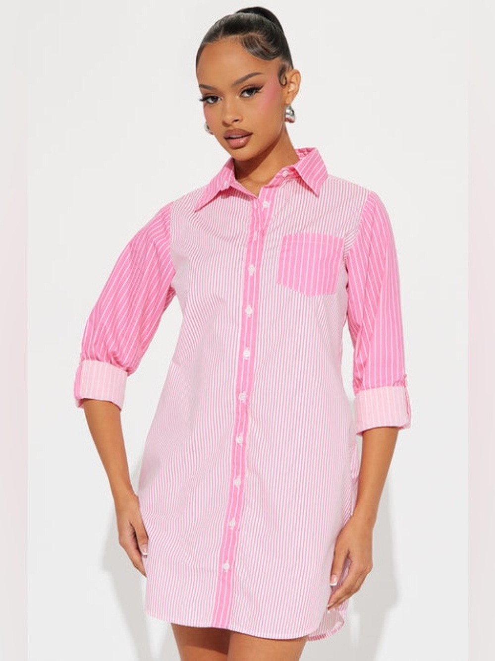 Pink and white Striped Button-Down Shirt Dress Mini
